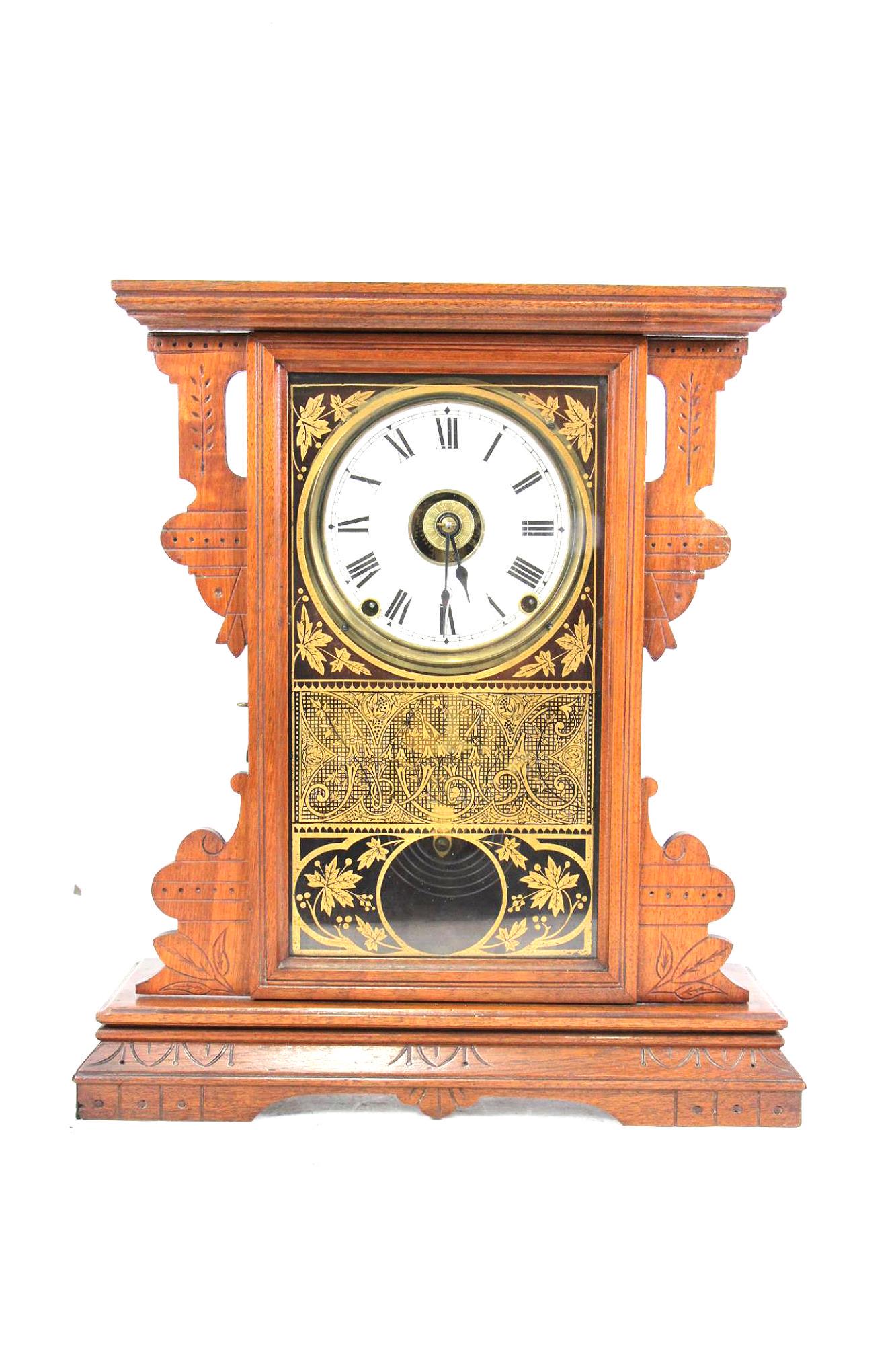 ANTIQUE MANTEL CLOCK: ANTIQUE MANTEL CLOCK. Height: 17.5 in. by Width: 15.5 in. by Depth: 4.5 in.