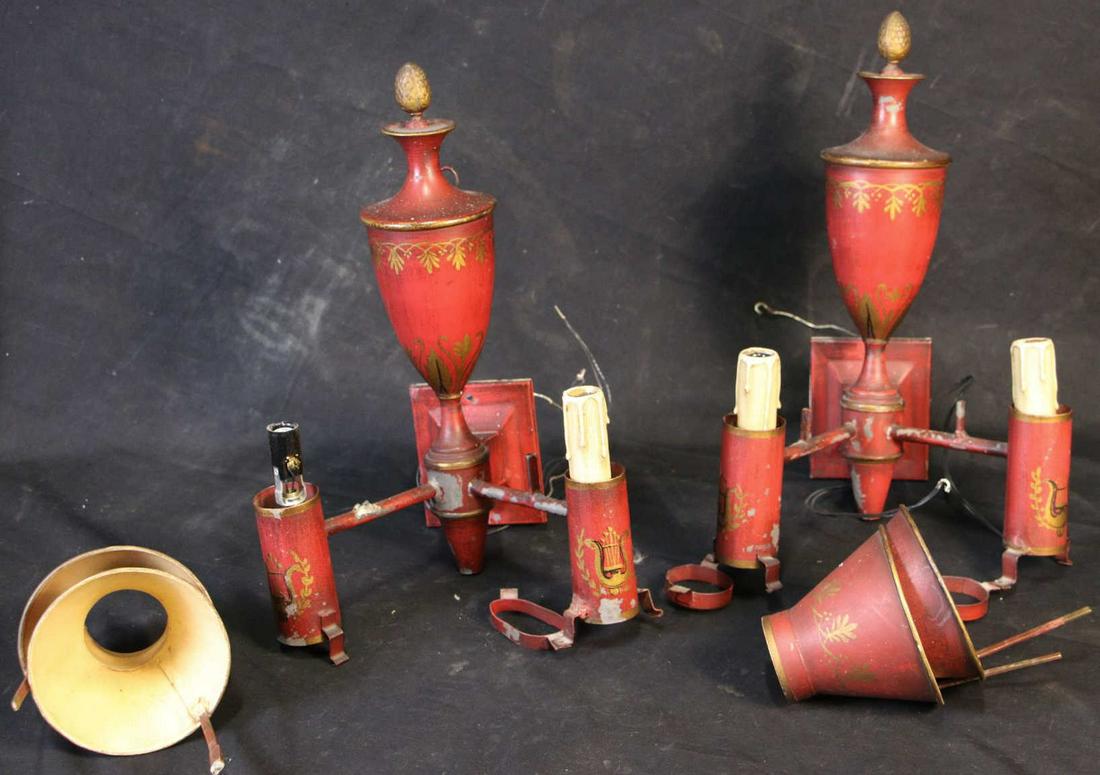 PAIR OF ANTIQUE RED TOLE WALL SCONCES (1 of 1)