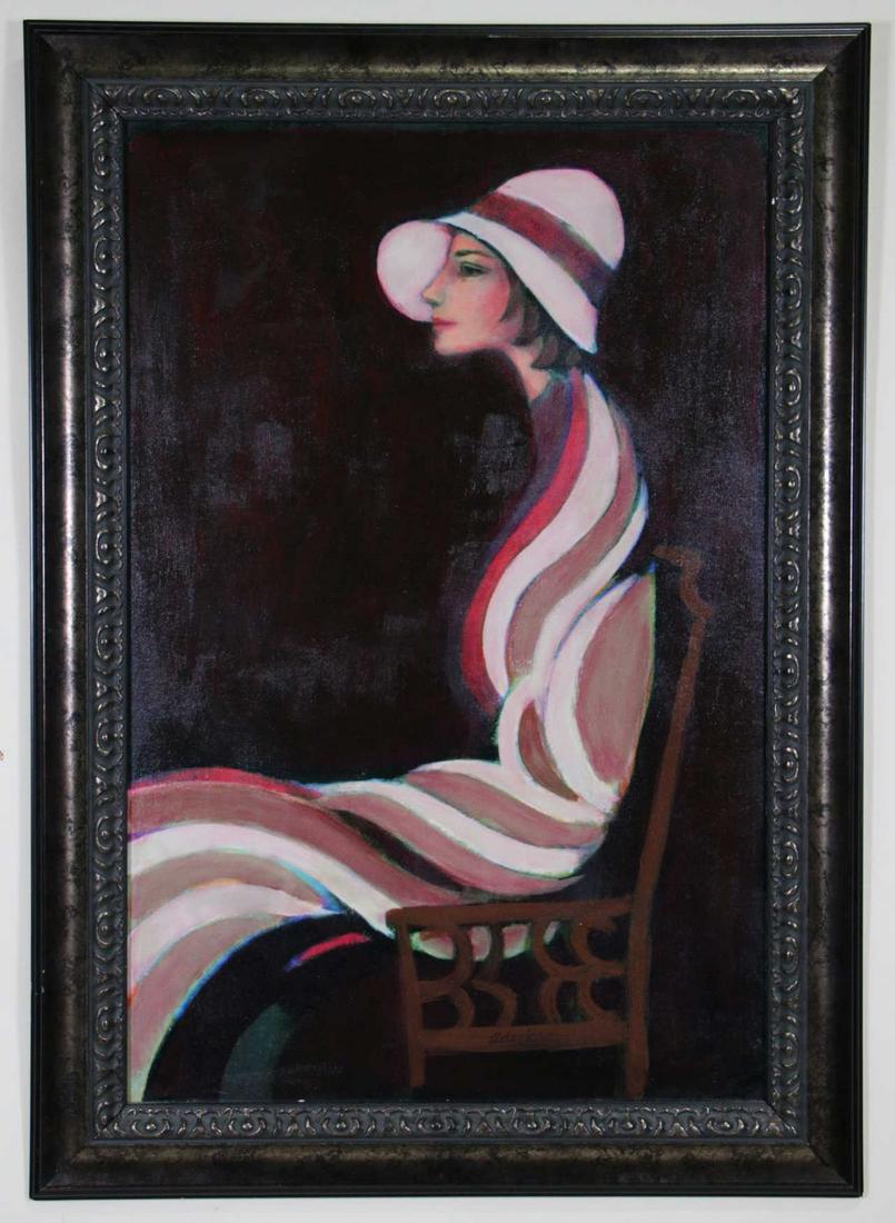DAVID ADICKES LADY IN A CHAIR ACRYLIC PAINTING: DAVID ADICKES LADY IN A CHAIR ACRYLIC ON PANEL PAINTING Height: 38 in. by Width: 27 in.