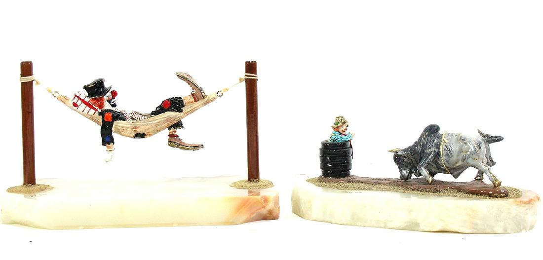 CLOWN IN A HAMMOCK AND BULL AND CLOWN BY RON 84: CLOWN IN A HAMMOCK AND BULL AND CLOWN BY RON 1984 & 1989. Height: 6.5 in. by Width: 11 in. by Depth: 4.5 in.
