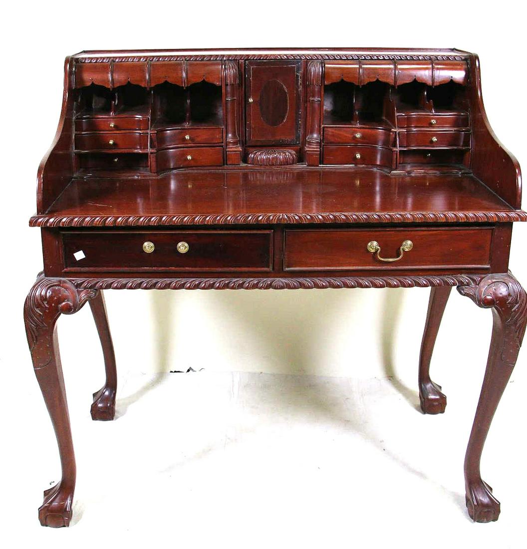 CARLTON HOUSE STYLE MAHOGANY DESK: CARLTON HOUSE STYLE MAHOGANY DESK ON BALL & CLAW FEET. NICE SIZE, FITS ANYWHERE. Height: 42.5 in. by Width: 42.5 in. by Depth: 24 in.