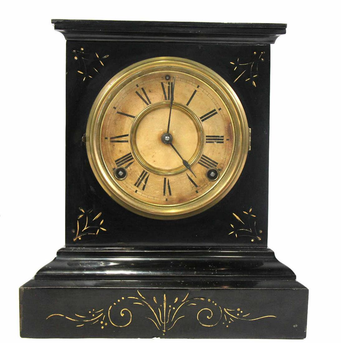 19th CENTURY ANSONIA PAINTED IRON MANTEL CLOCK: 19th CENTURY ANSONIA PAINTED IRON MANTEL CLOCK. Height: 10.5 in. by Width: 9.5 in. by Depth: 5 in.
