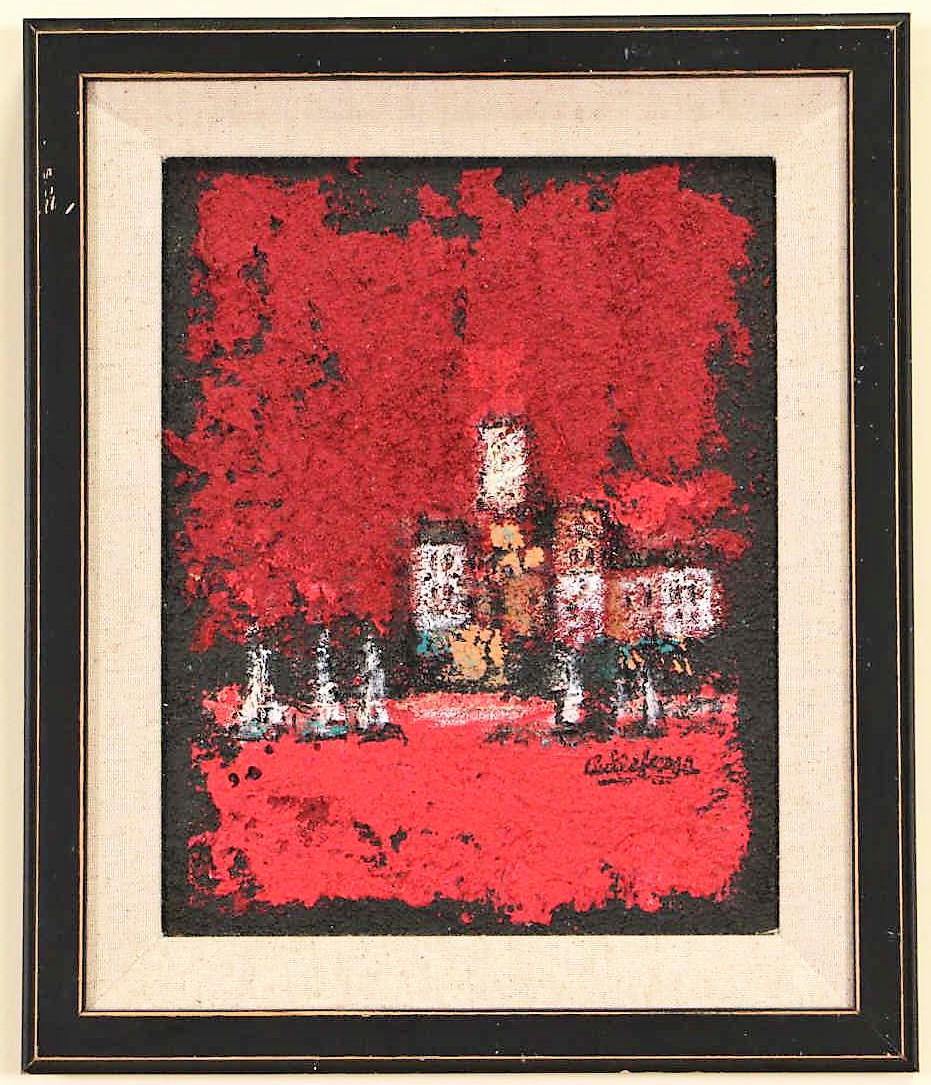 DAVID ADICKES ANTIBES AGAINST RED ACRYLIC PAINTING (1 of 3)