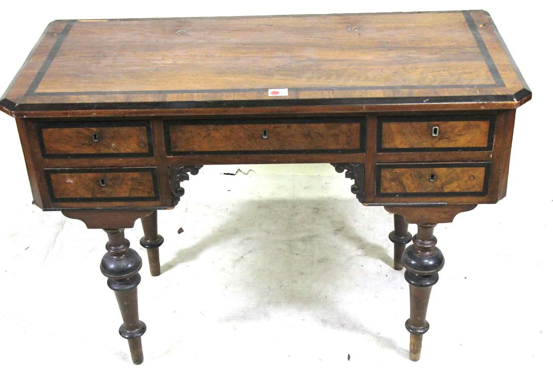 ANTIQUE BURLED MAHOGANY DESK WITH FIVE DRAWERS: ANTIQUE BURLED MAHOGANY DESK WITH FIVE DRAWERS. Height: 30.5 in. by Width: 44.75 in. by Depth: 20.25 in.