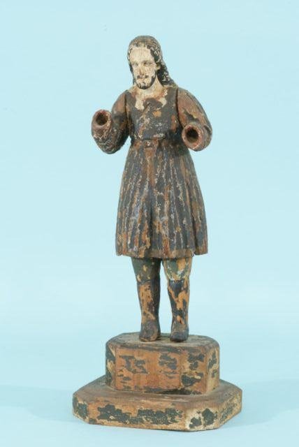 ANTIQUE SPANISH WOOD CARVED AND POLYCHROME SANTO: ANTIQUE SPANISH WOOD CARVED AND POLYCHROME SANTO. CIRCA 18th CENTURY. Height: 15 in. by Width: 6 in. by Depth: 5 1/2 in.