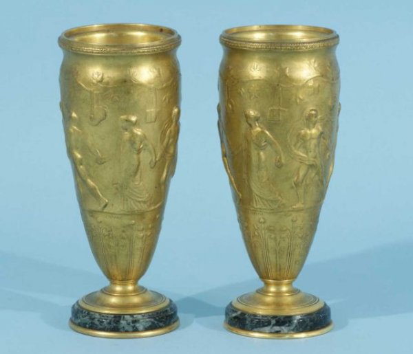 PAIR OF ANTIQUE BARBEDIENNE BRONZE VESSELS: PAIR OF ANTIQUE BARBEDIENNE BRONZE VESSELS, IN THE GREEK MANNER, DESIGNED BY FERDINAND LEVILLAIN (FRENCH, 1837-1905). Height: 7 in. by Width: 3 in. by Depth: 3 in.