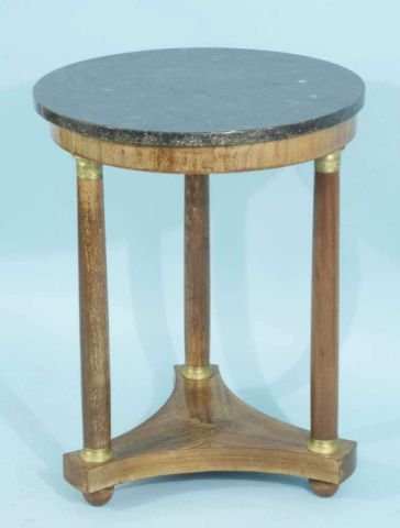 FRENCH EMPIRE STYLE GUERIDON TABLE, ca. 1900: PETITE MARBLE TOP FRENCH EMPIRE STYLE GUERIDON TABLE. CIRCA 1900. Height: 25 in. by Width: 20 in. by Depth: 20 in.