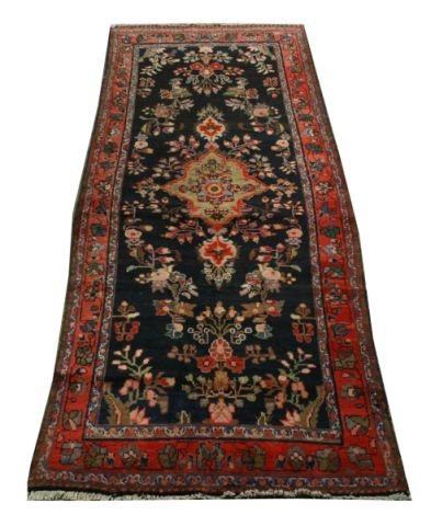 ANTIQUE MALAYER RUNNER FROM IRAN: ANTIQUE MALAYER RUNNER. BURGUNDY IN A BLACK BACKROUND. Origin: Persia/Iran in. by Width: 46 in. in. by Depth: 113