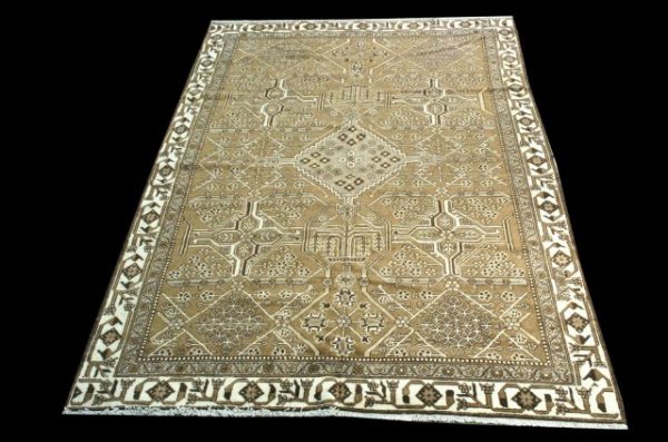 SEMI-ANTIQUE KUDISH RUG FROM IRAN: SEMI-ANTIQUE KURDISH RUG. IVORY AND CAMEL IN A COCOA BACKROUND. ORIGIN PERSIA/IRAN Height: 6 ft. 4 in. by Width: 9 ft. 6 in.