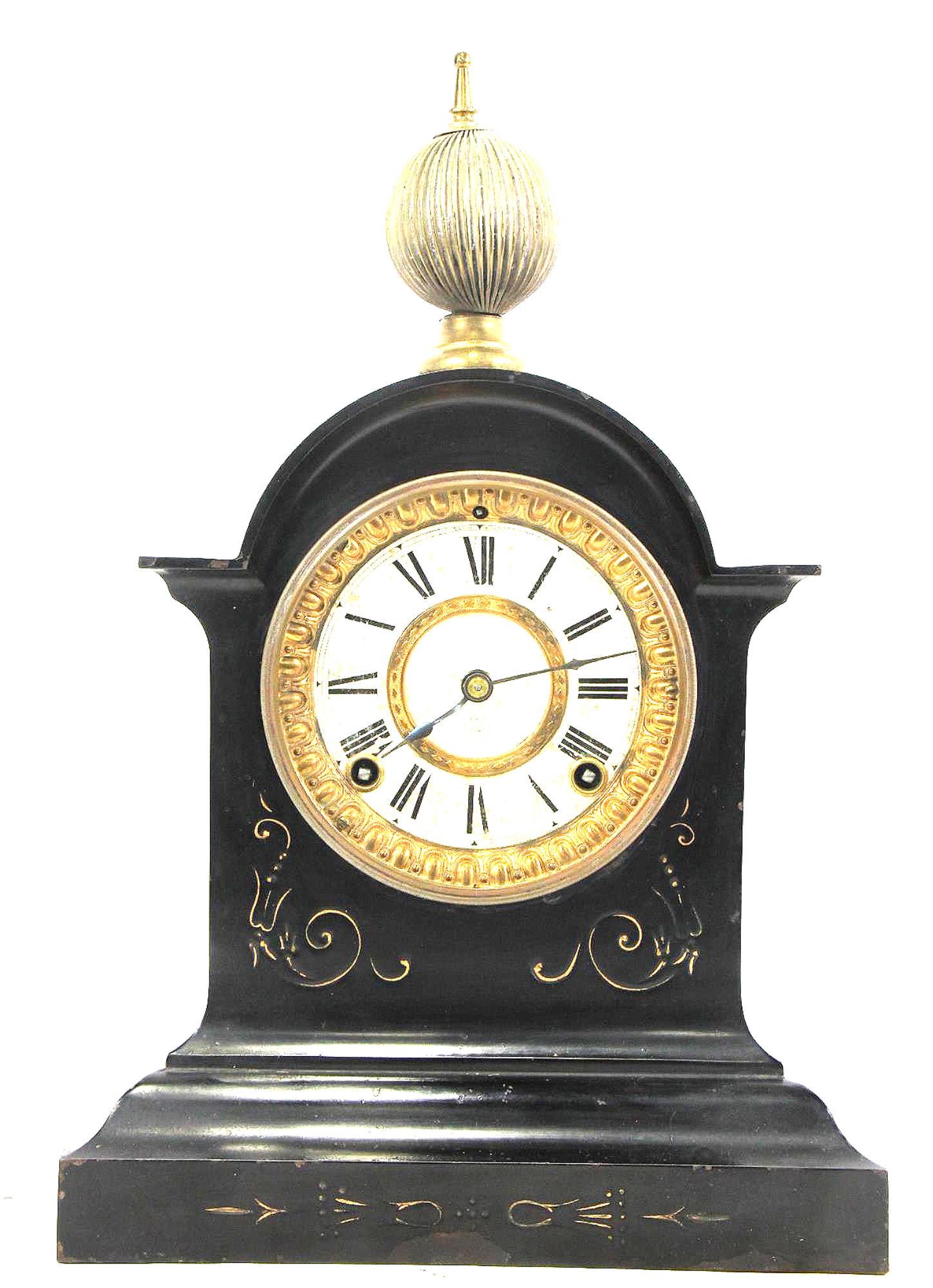 19th CENTURY EBONIZED METAL ANSONIA MANTEL CLOCK: 19th CENTURY EBONIZED METAL ANSONIA MANTEL CLOCK. Height: 15 in. by Width: 9.75 in. by Depth: 4.5 in.