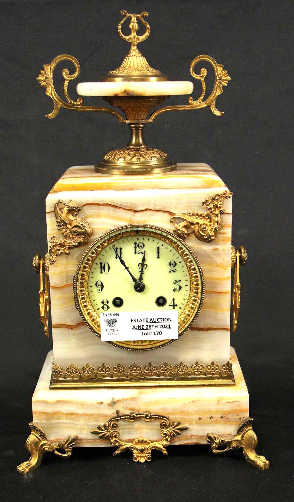 19th CENTURY FRENCH ONYX GILT BRONZE MANTEL CLOCK (1 of 4)