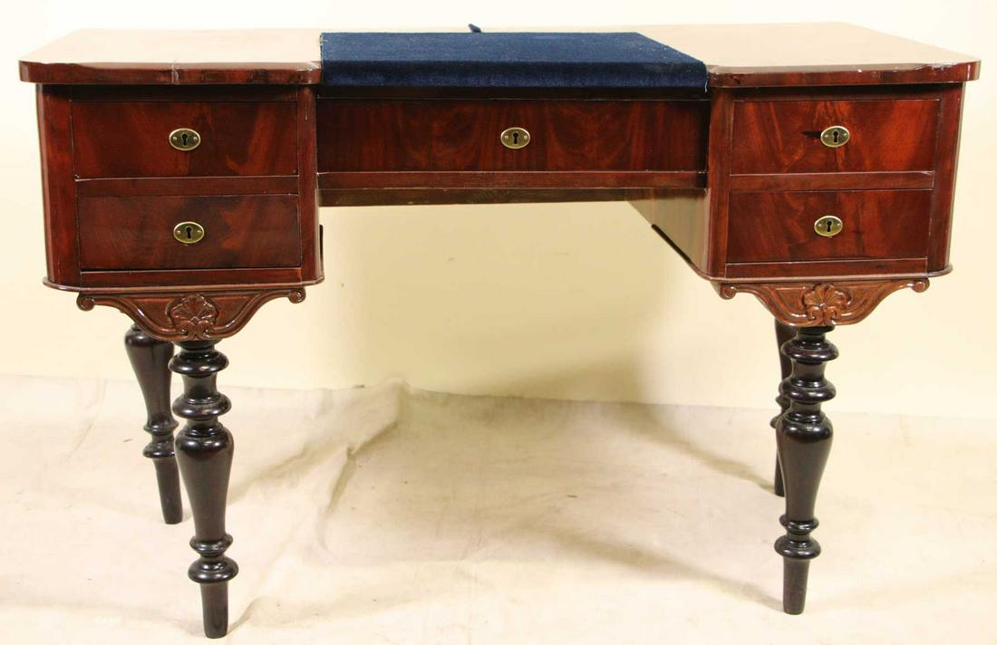 19th CENTURY BURLED MAHOGANY LADIES WRITING DESK: 19th CENTURY BURLED MAHOGANY LADIES WRITING DESK. Height: 30 in. by Width: 46 in. by Depth: 22.5