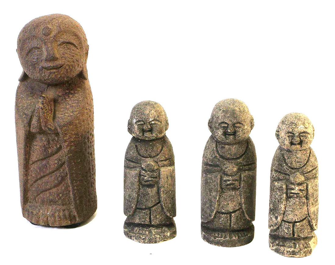 MIXED LOT OF FOUR STONE CARVED BUDDHIST MONKS: MIXED LOT OF FOUR STONE CARVED BUDDHIST MONKS. Height: 8 in. by Width: 3 in. by Depth: 3 in.
