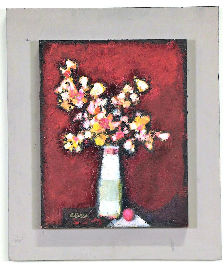 DAVID ADICKES "GOLD BOUQUET W/RED" ACRYLIC, 2016: DAVID ADICKES "GOLD BOUQUET AGAINST DARK RED" ACRYLIC & COFFEE MIXED MEDIA ON PANEL, 2016. Height: 19 in. by Width: 16 in.