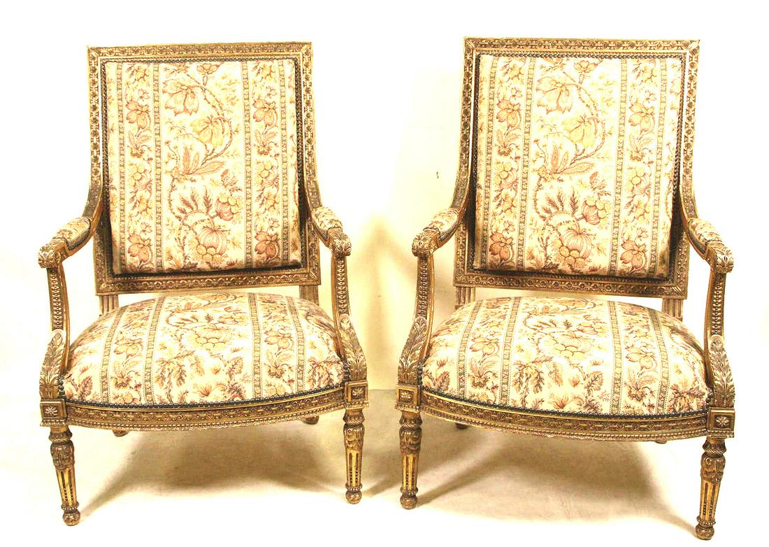 PAIR OF 19th C. FRENCH CARVED & GILDED ARMCHAIRS (1 of 6)