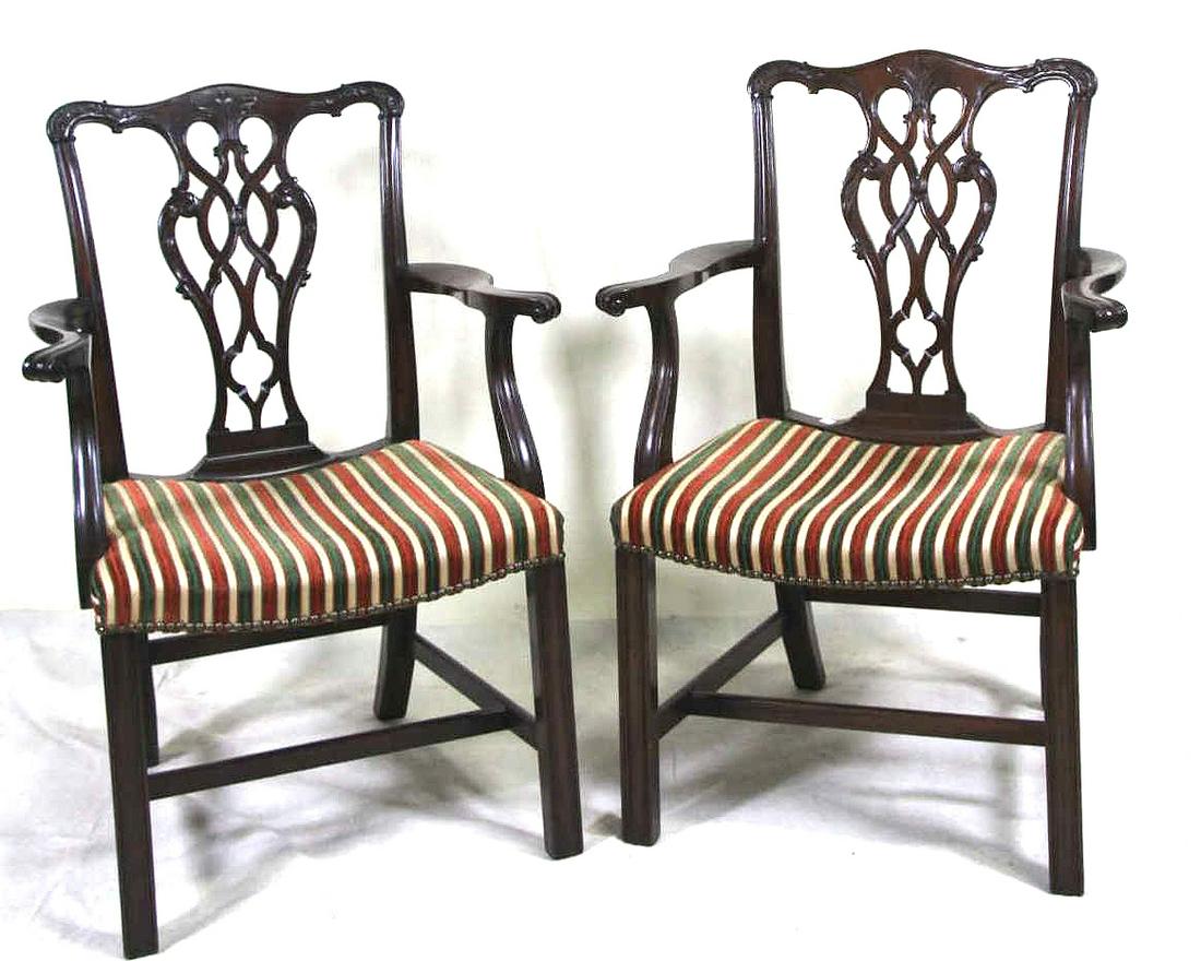 PAIR OF CHIPPENDALE MAHOGANY ARMCHAIRS: PAIR OF CHIPPENDALE MAHOGANY ARMCHAIRS. Height: 37 in. by Width: 27 in. by Depth: 20 in.