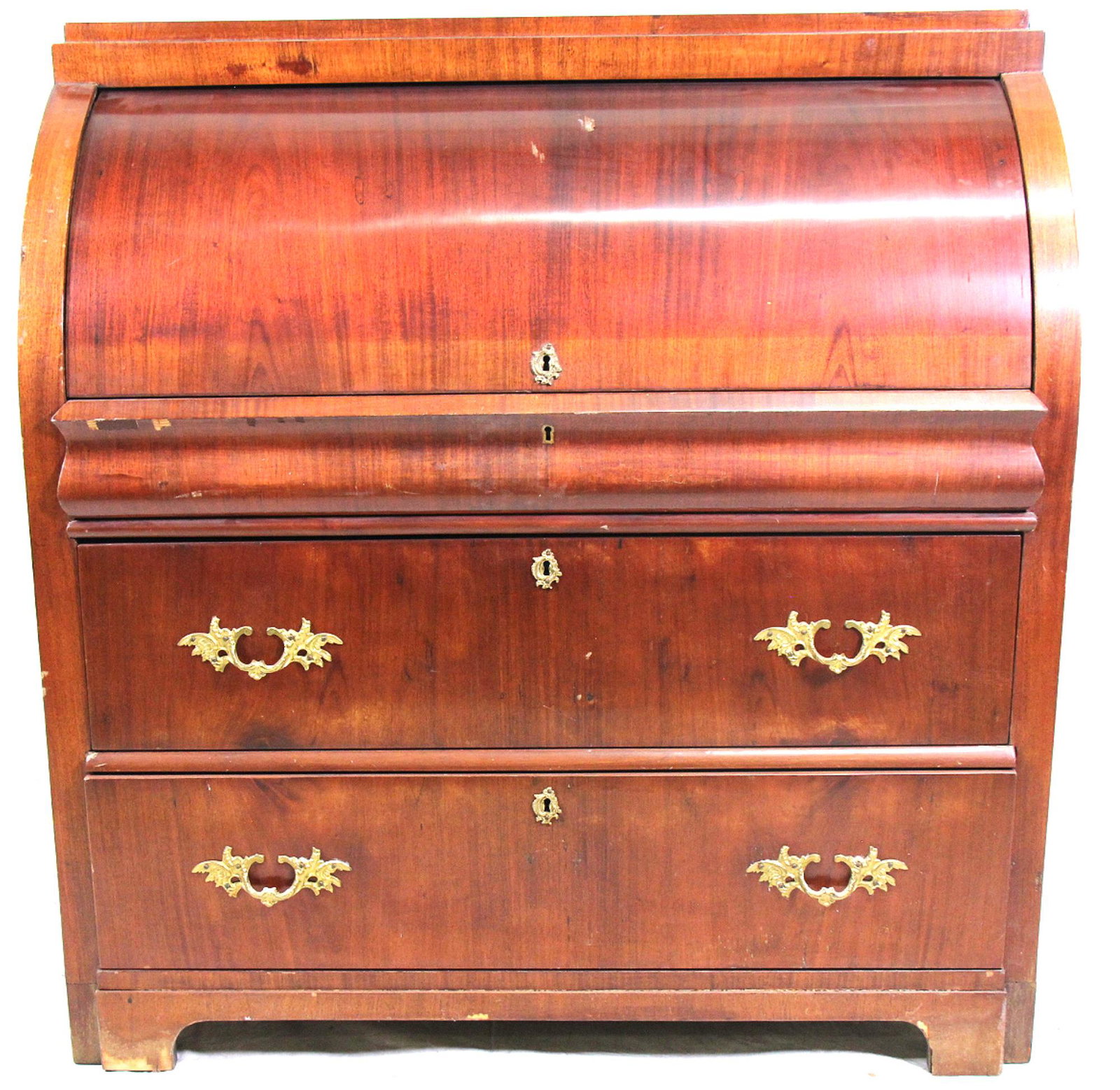 19th CENTURY BIEDERMEIER MAHOGANY DESK: 19th CENTURY BIEDERMEIER MAHOGANY CYLINDER ROLL DESK WITH TWO DRAWERS. Height: 43.5 in. by Width: 40.25 in. by Depth: 23 in.