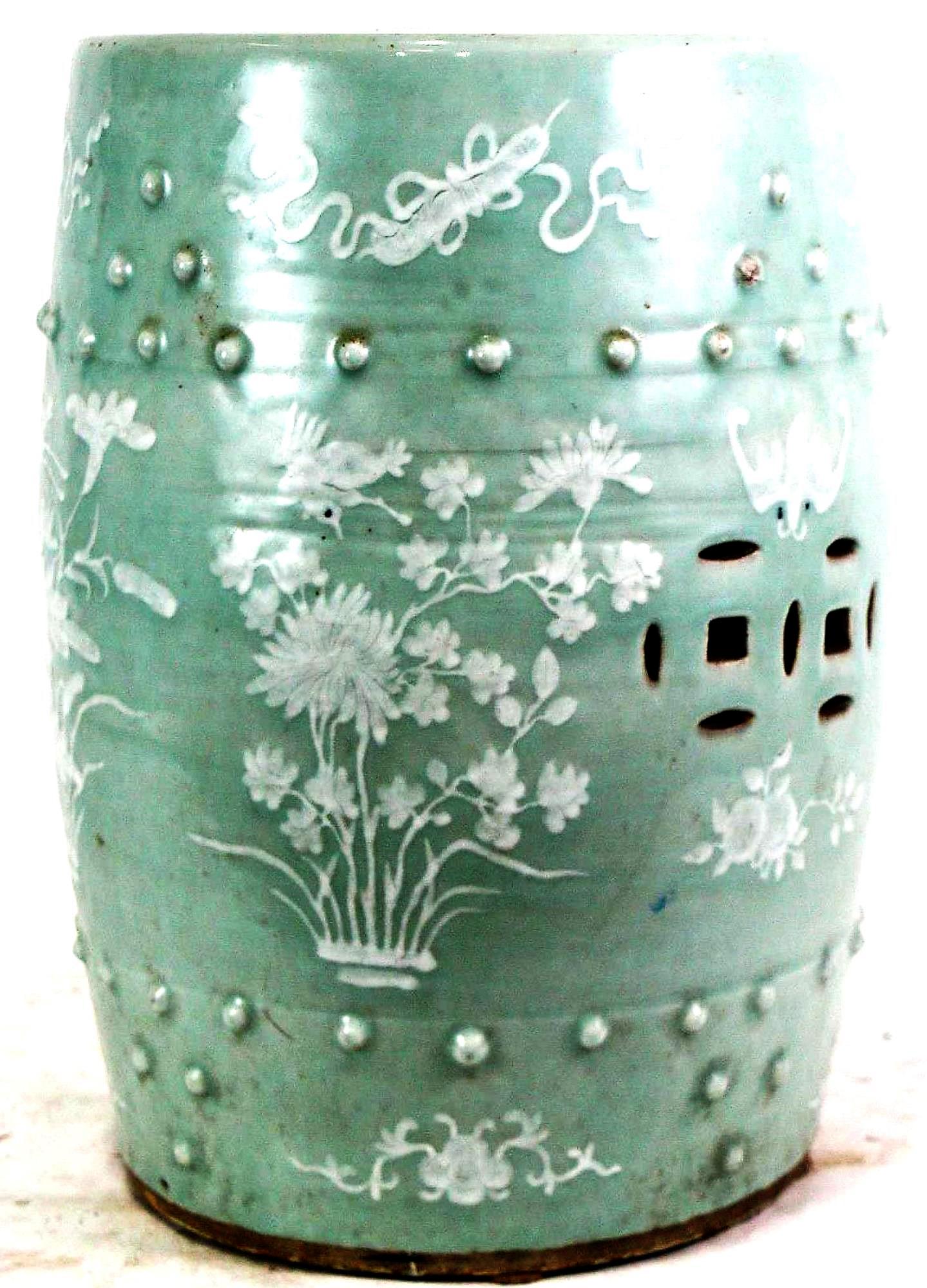 19th CENTURY CELEDON GLAZED CERAMIC GARDEN STOOL (1 of 4)