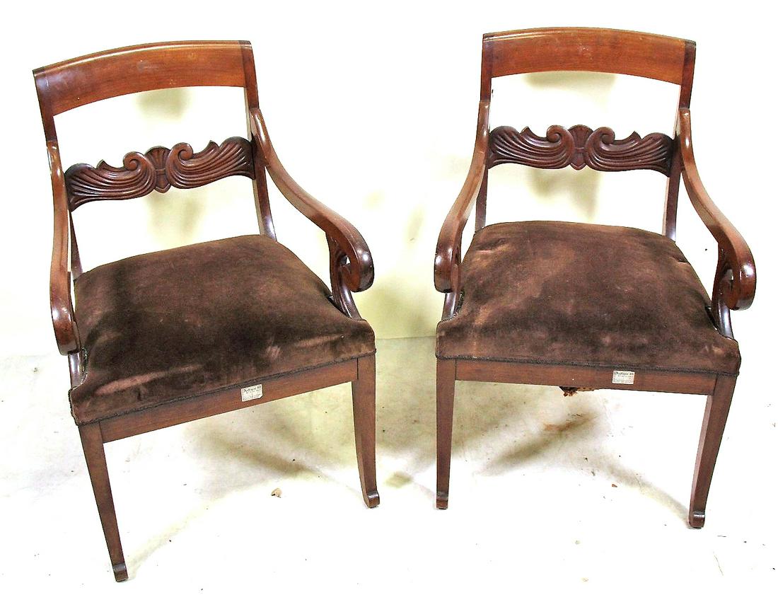 PAIR OF CIRCA 1880's EMPIRE ARMCHAIRS: PAIR OF CIRCA 1880's EMPIRE ARMCHAIRS. Height: 34.5 in. by Width: 22.5 in. by Depth: 19 in.