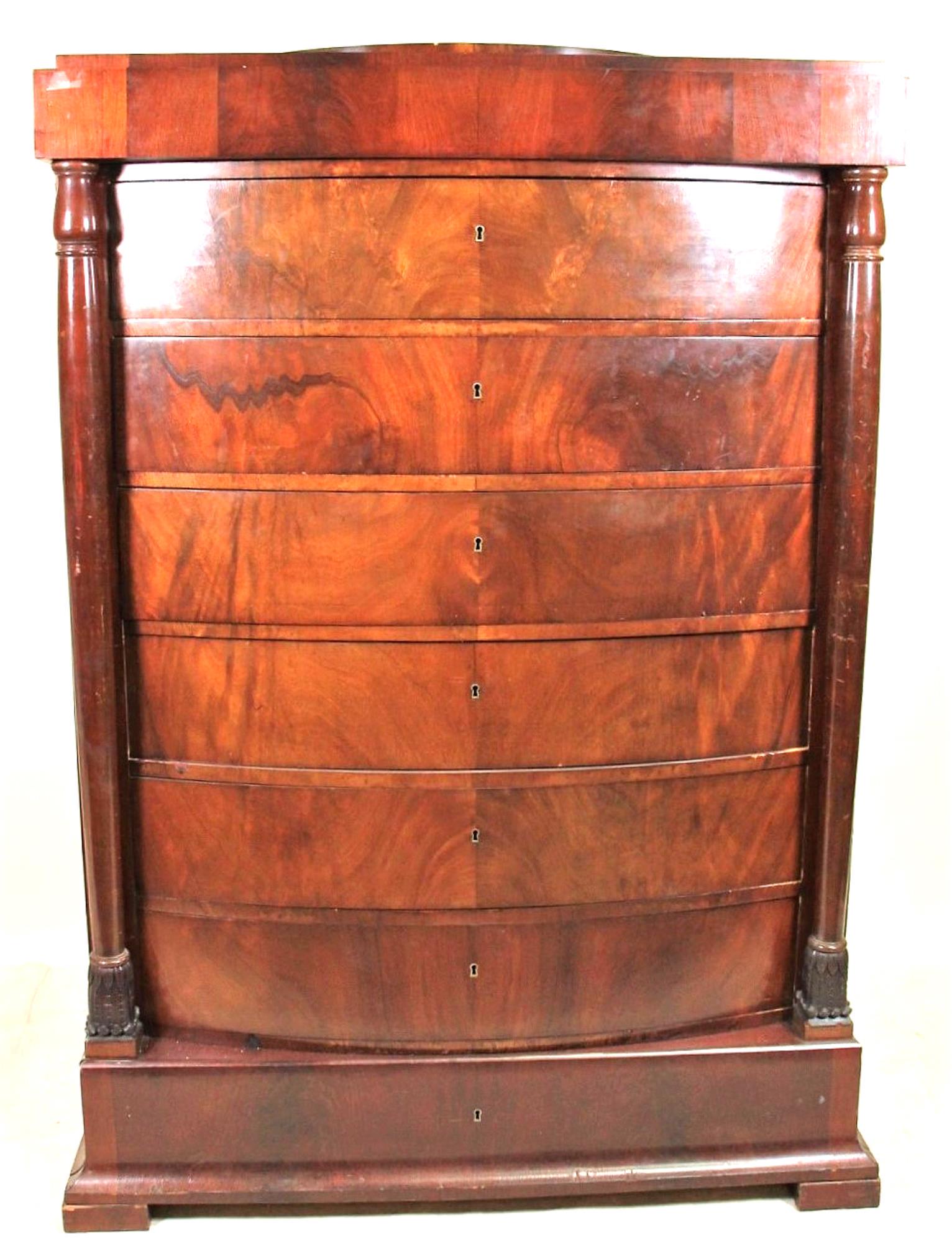19th CENTURY BURLED MAHOGANY SIX DRAWER CHEST (1 of 5)