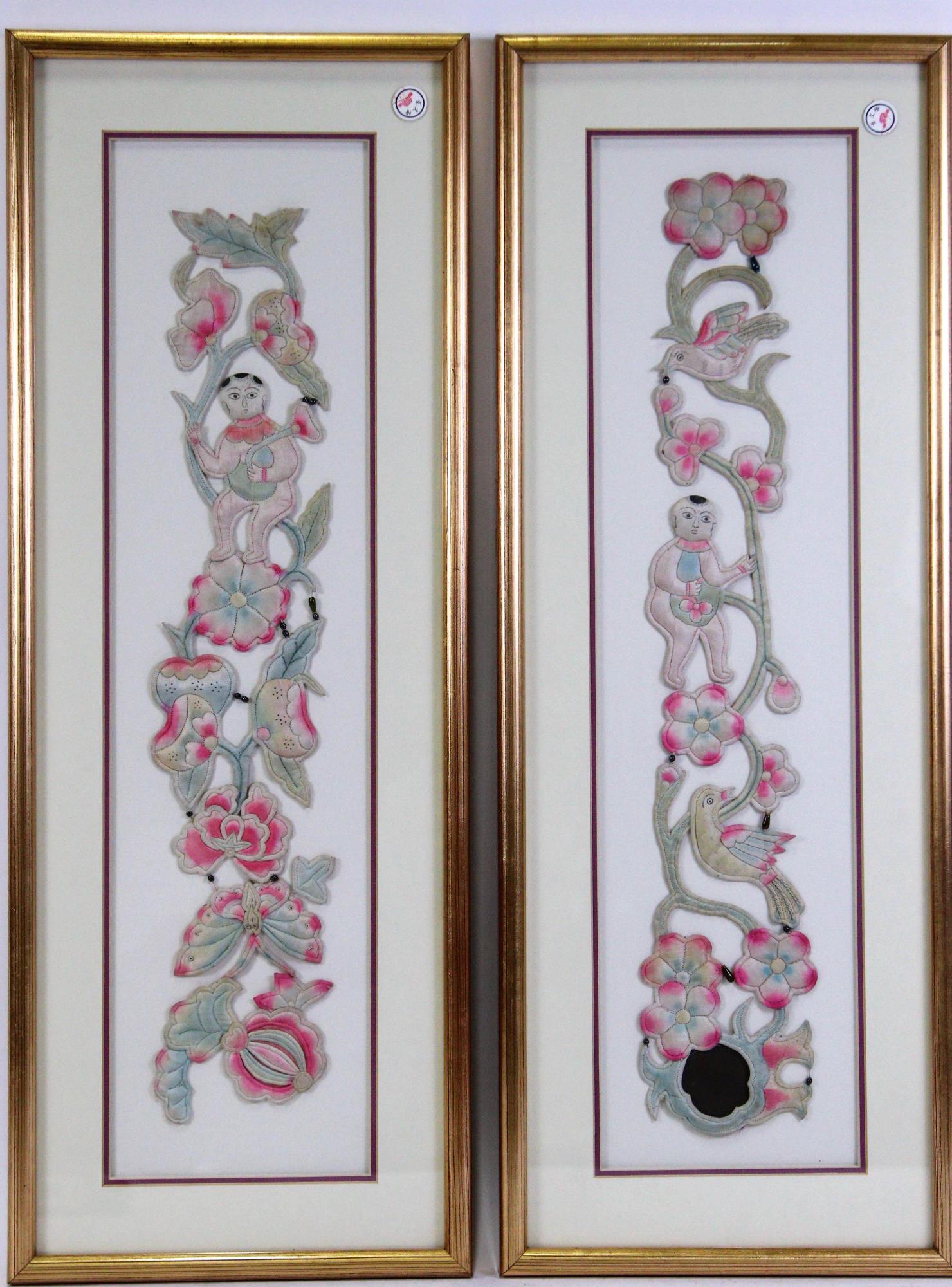 PAIR OF FRAMED ANTIQUE CHINESE CHILD BED HANGINGS (1 of 4)