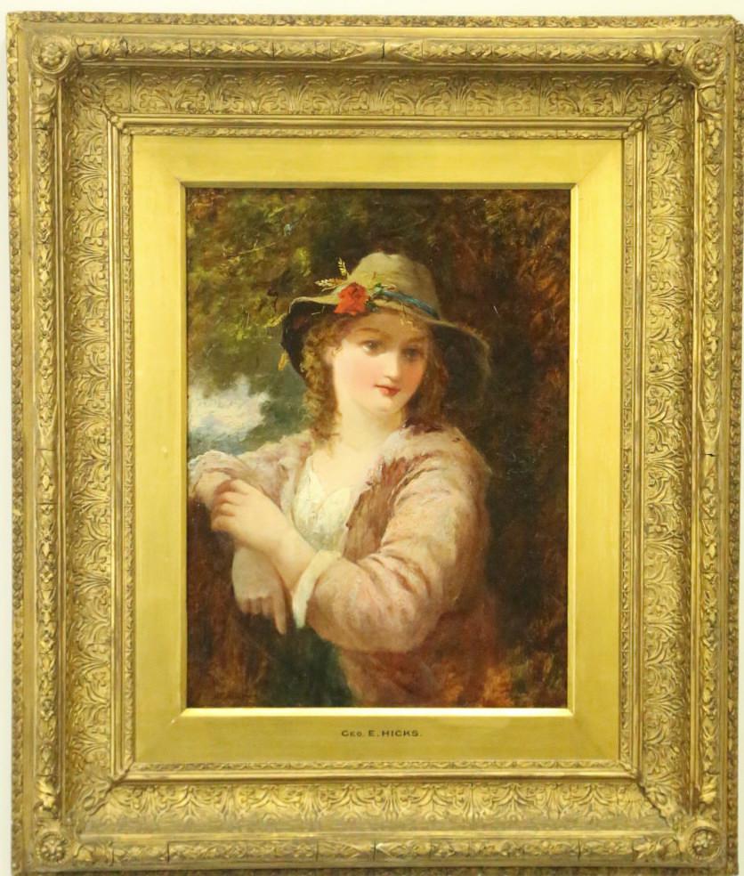 ATTRIBUTED TO GEORGE ELGAR HICKS "COUNTRY GIRL": ATTRIBUTED TO GEORGE ELGAR HICKS "COUNTRY GIRL" OIL ON CANVAS IN GILDED FRAME. Height: 26 & 15 1/2 in. by Width: 21 1/2 & 11 1/2 in.