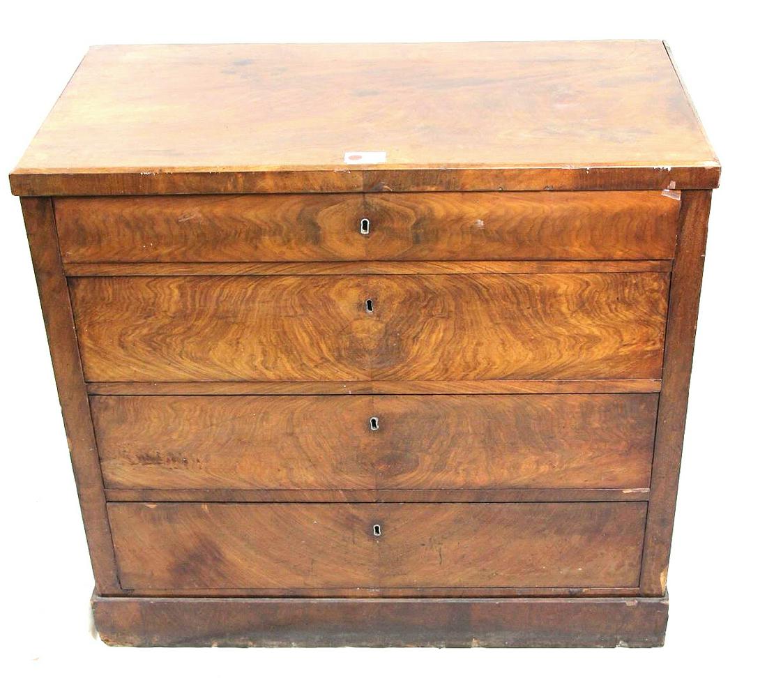 19th CENTURY MAHOGANY FOUR DRAWER CHEST: 19th CENTURY MAHOGANY FOUR DRAWER CHEST. Height: 33.5 in. by Width: 36.5 in. by Depth: 19 in.
