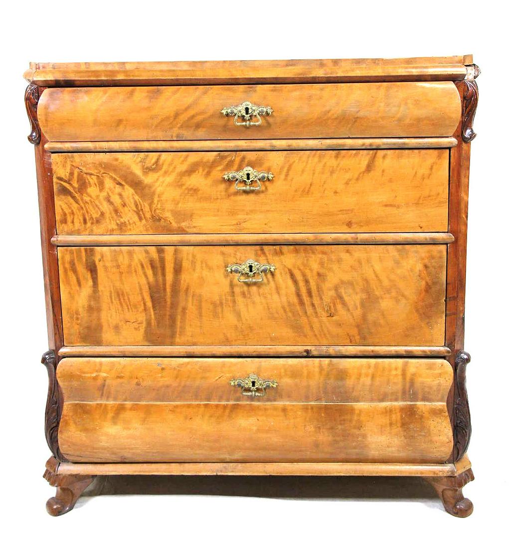 CIRCA 1850's BURLED MAHOGANY FOUR DRAWER CHEST (1 of 3)