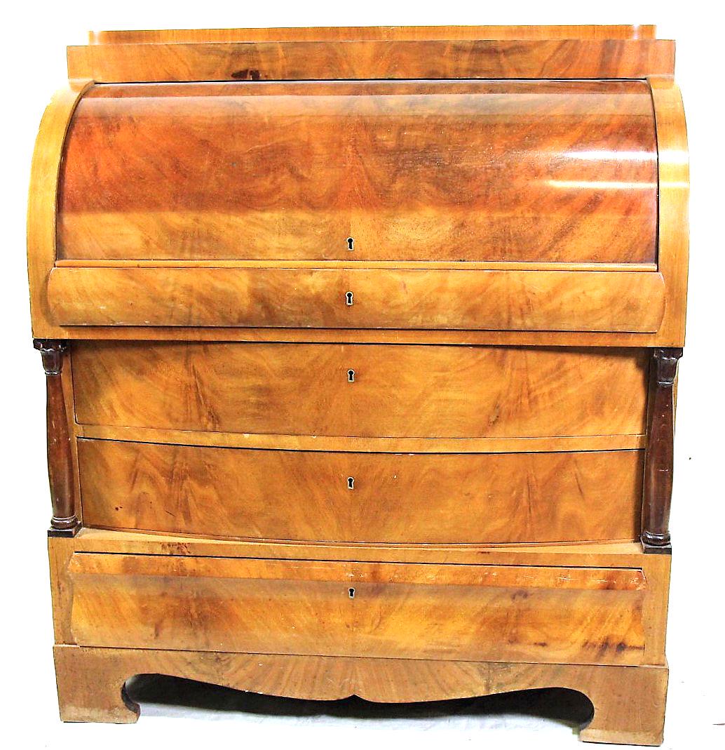 19th CENTURY BURLED MAHOGANY CYLINDER ROLL DESK (1 of 4)