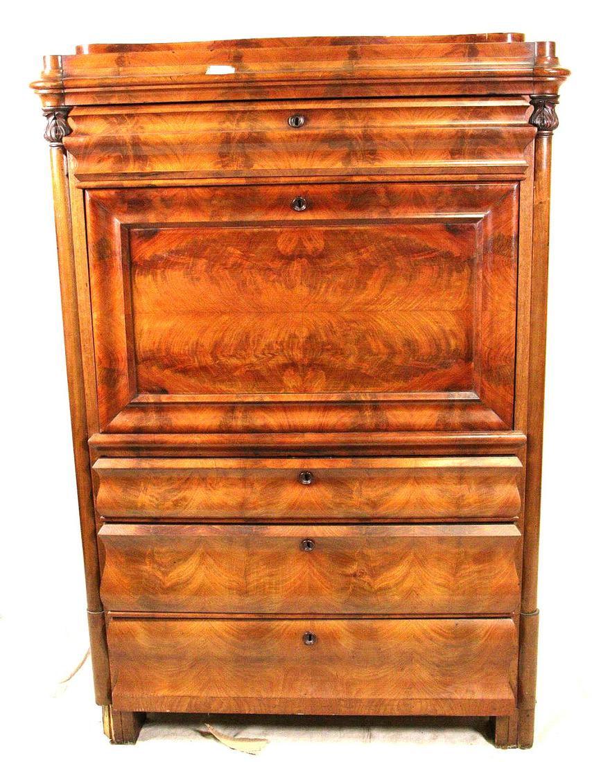 19th CENTURY BURLED MAHOGANY FALL FRONT SECRETARY (1 of 4)