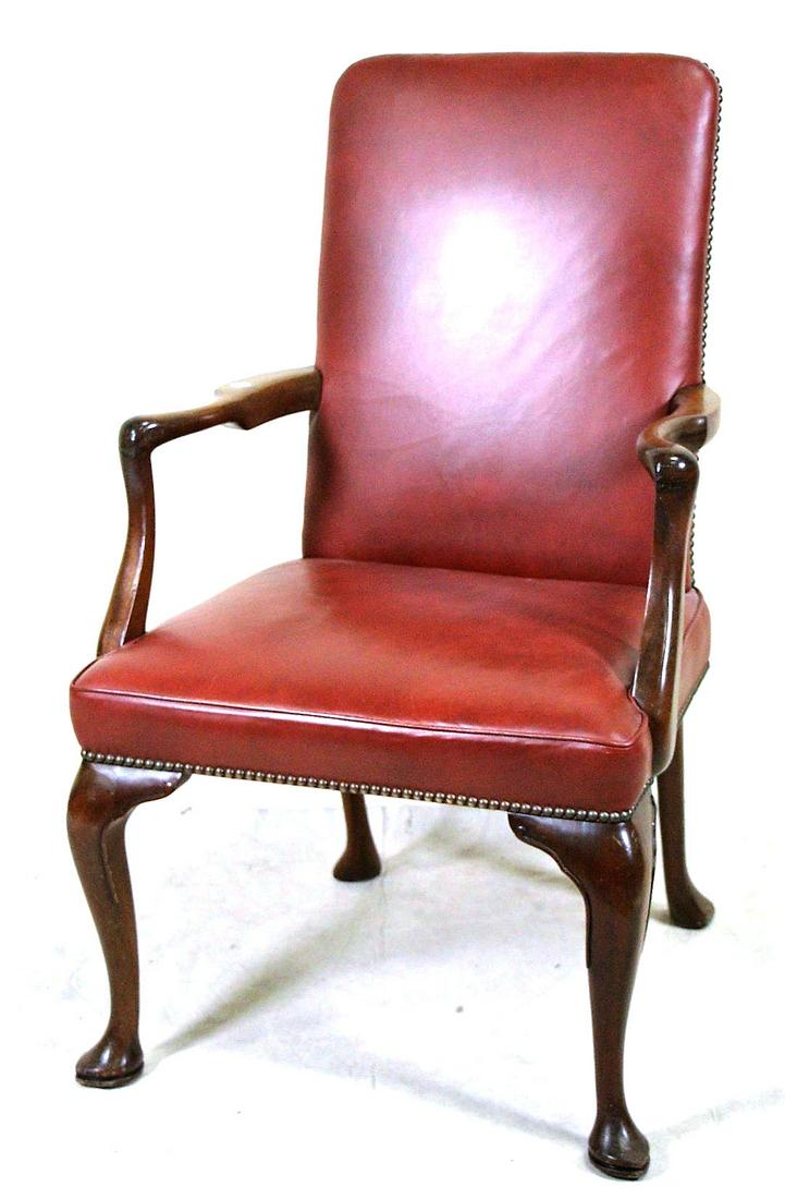 CHPPENDALE STYLE LEATHER COVERED ARMCHAIR: CHIPPENDALE STYLE LEATHER COVERED ARMCHAIR. Height: 42 in. by Width: 25 in. by Depth: 21 in.