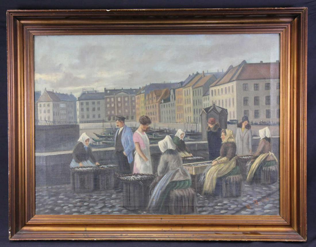 W. BRINK "THE FISH MARKET" OIL ON CANVAS PAINTING (1 of 3)