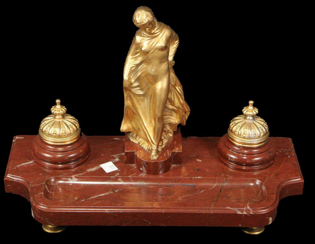 GILT BRONZE FIGURE ON MARBLE BASE INK WELL (1 of 5)