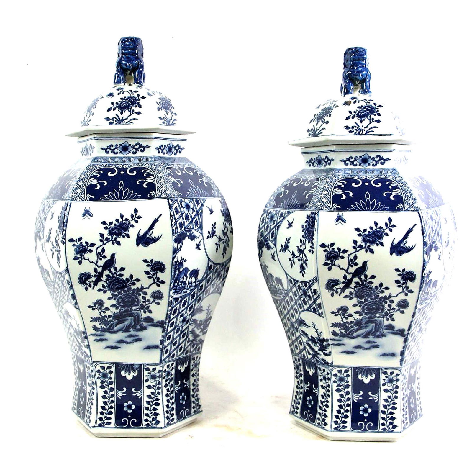 PAIR OF BLUE AND WHITE HEXAGONAL PORCELAIN JARS (1 of 7)