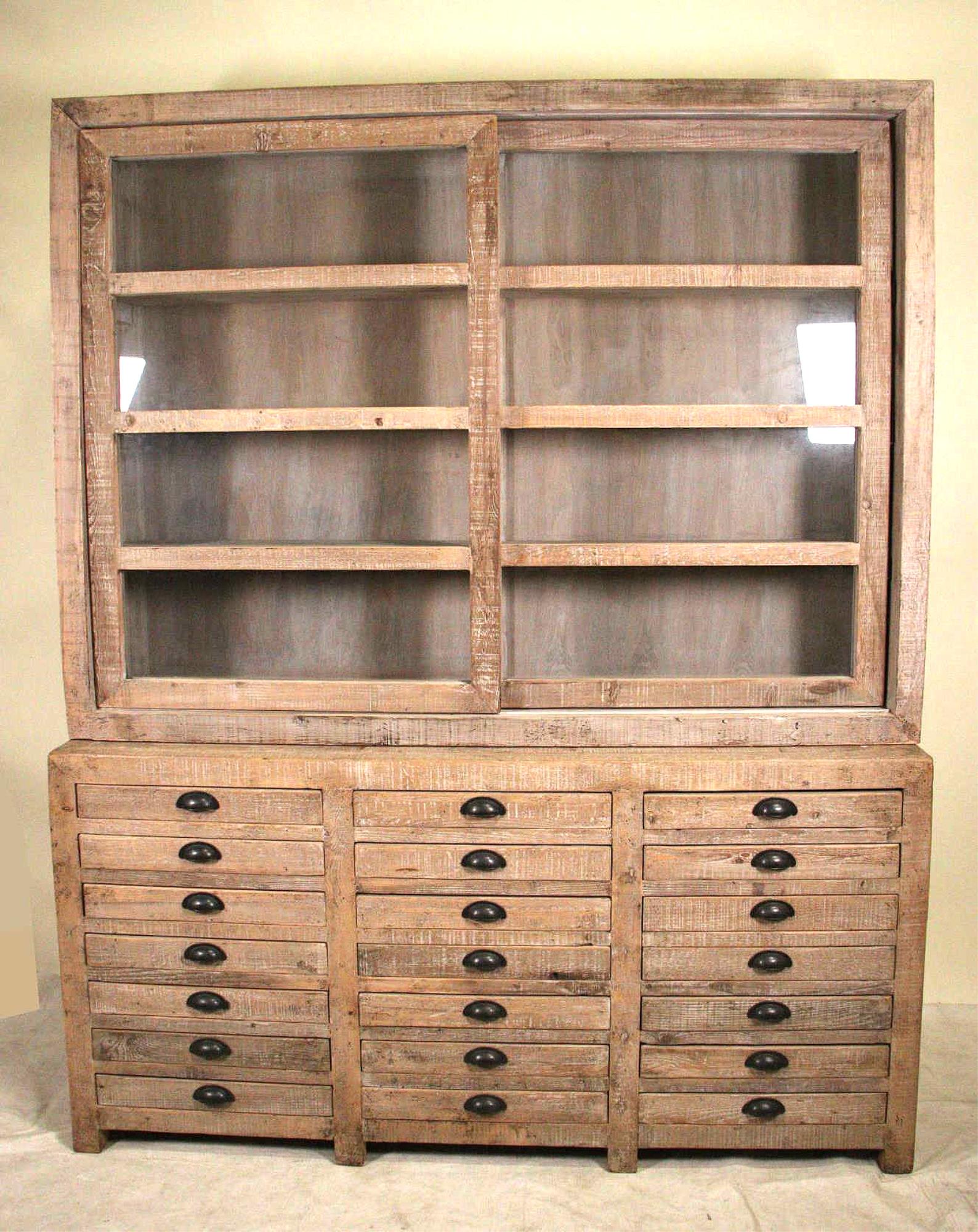 TWO PIECE DISTRESSED WOOD DISPLAY CABINET (1 of 5)