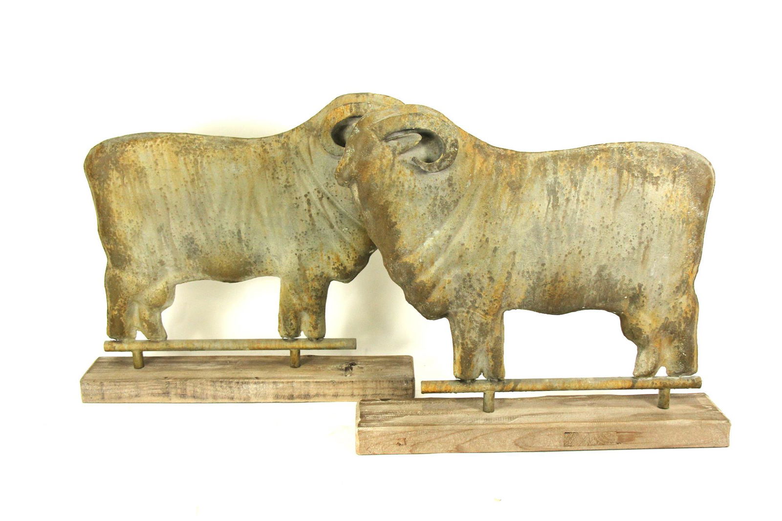 PAIR OF TIN SHEEP FIGURE WEATHERVANES MOUNTED ON WOODEN (1 of 4)