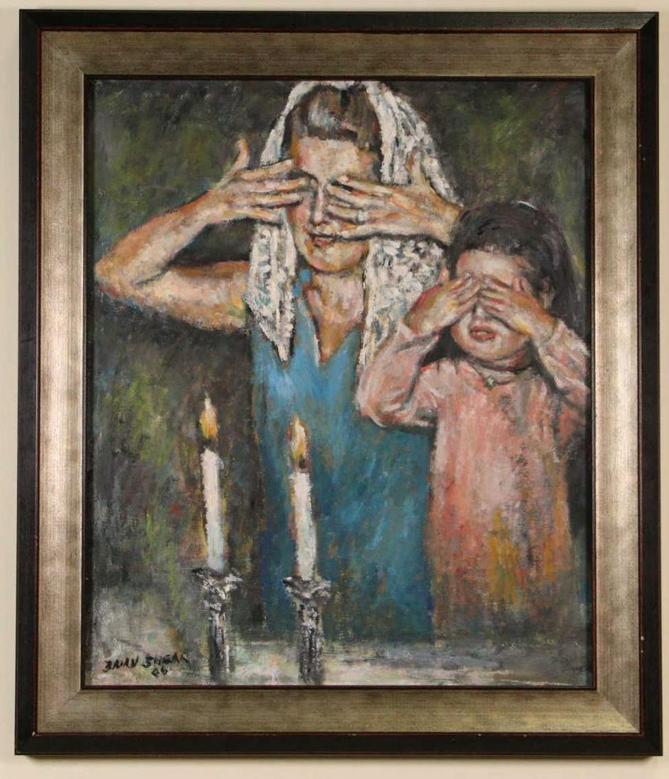 MOM AND DAUGHTER LIGHTING SHABBAT CANDLES OIL PAINTING: MOM AND DAUGHTER LIGHTING SHABBAT CANDLES OIL PAINTING. Height: 28 in. by Width: 23.5