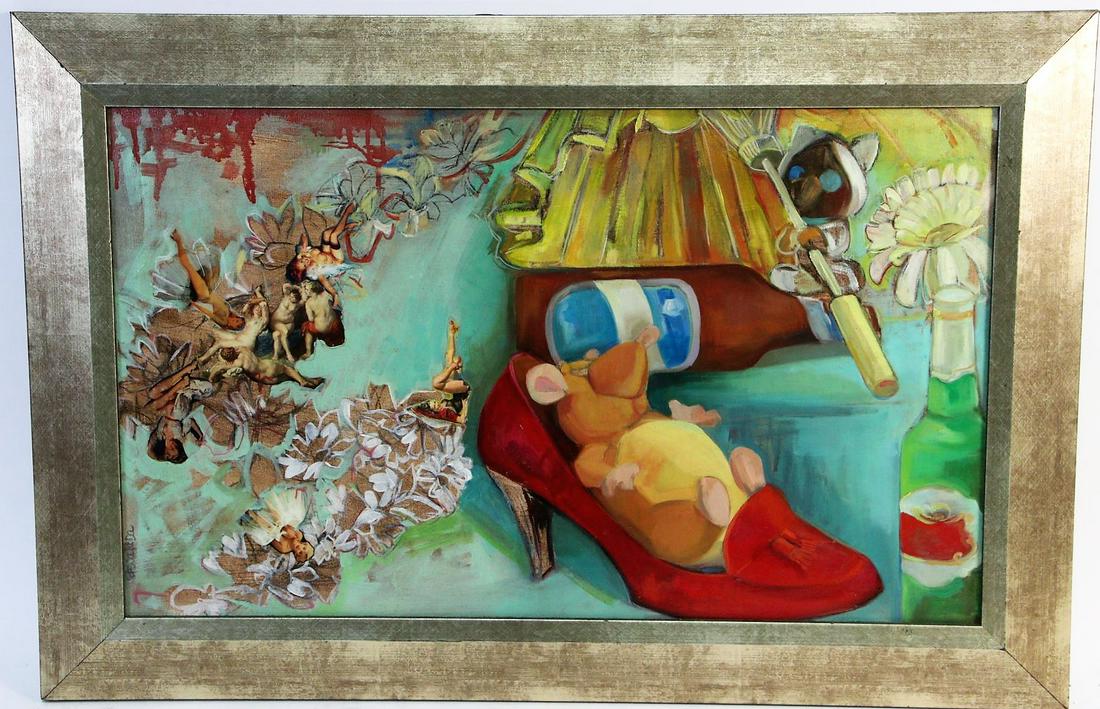 ESCADA RED SHOE MIXED MEDIA PAINTING: ESCADA RED SHOE MIXED MEDIA PAINTING IN A GILDED FRAME. Height: 19.75 in. by Width: 29 in.