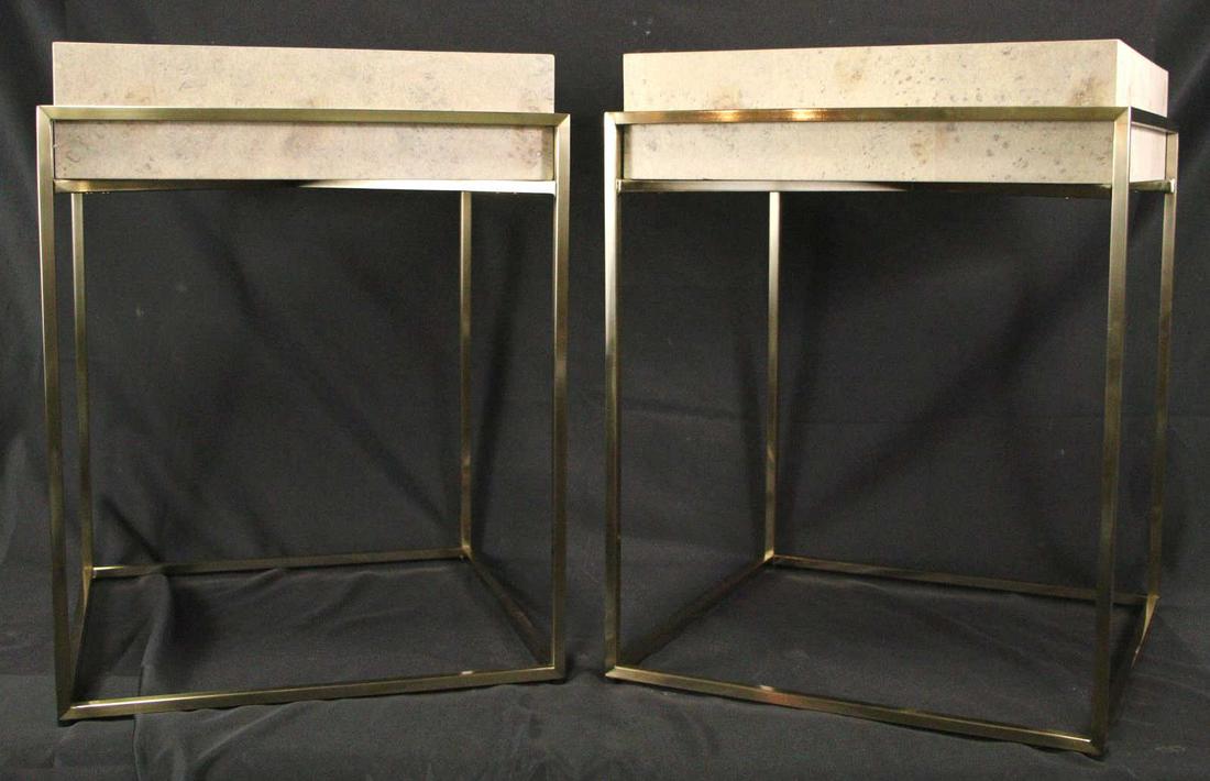 PAIR OF WOOD FINISH AND METAL BASE SIDE TABLES (1 of 3)