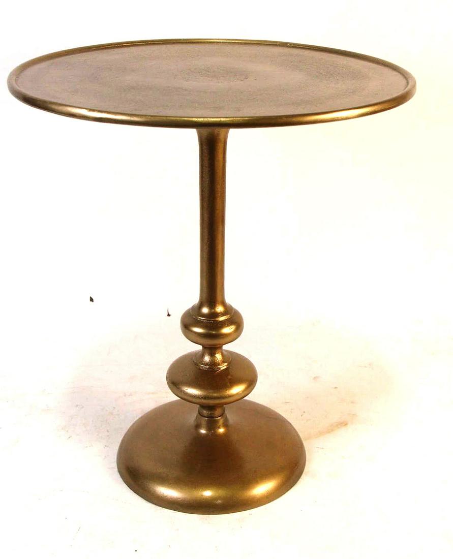 ANTIQUED FINISH ON ALUMINUM TOTE SIDE TABLE: ANTIQUED FINISH ON ALUMINUM TOTE SIDE TABLE. Height: 22 in. by Width: 20 in. by Depth: 20 in.
