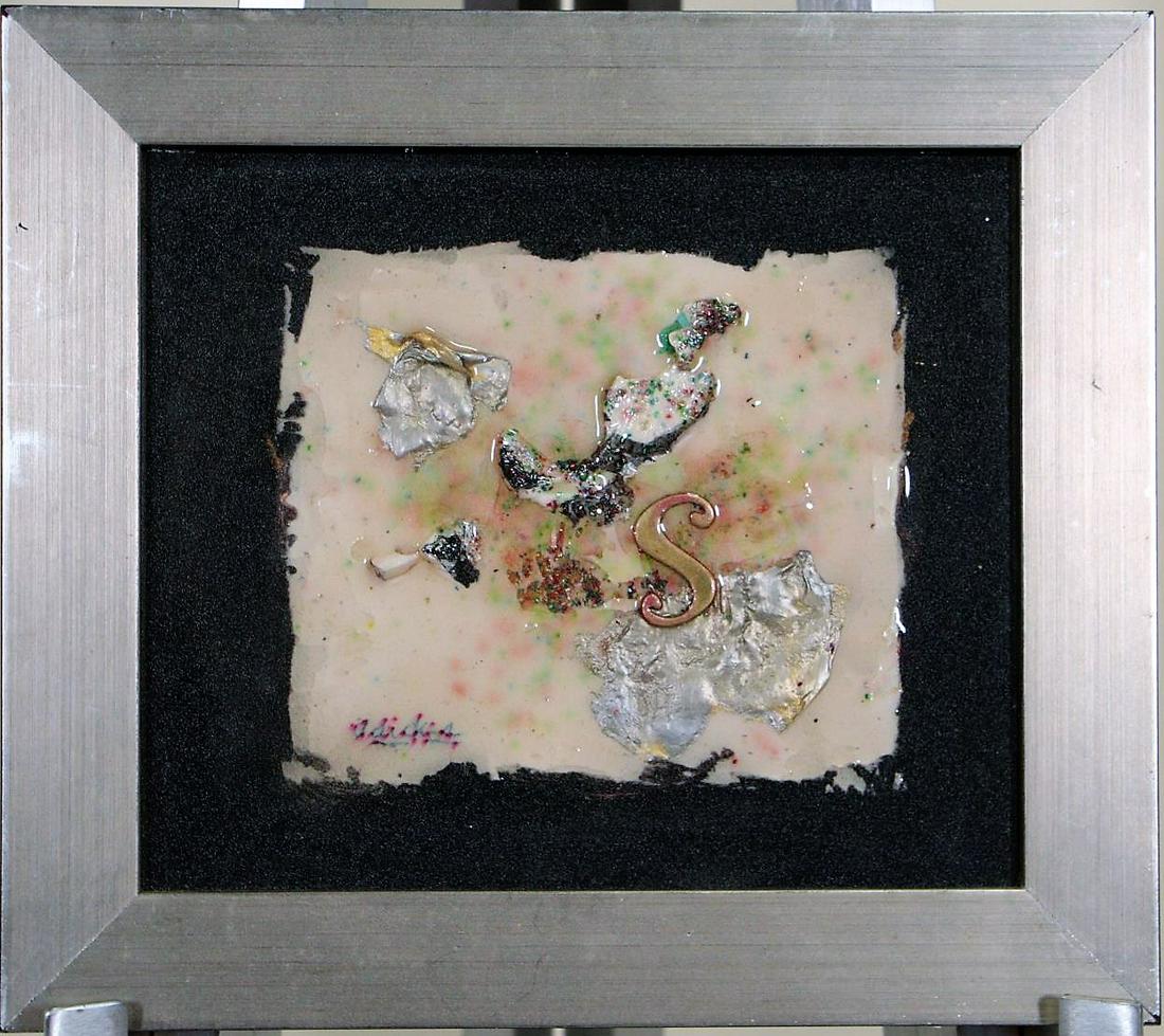 DAVID ADICKES "S" MIXED MEDIA ON PANEL, 2009: DAVID ADICKES "S" MIXED MEDIA ON PANEL, 2009. Height: 9 in. by Width: 10 in.