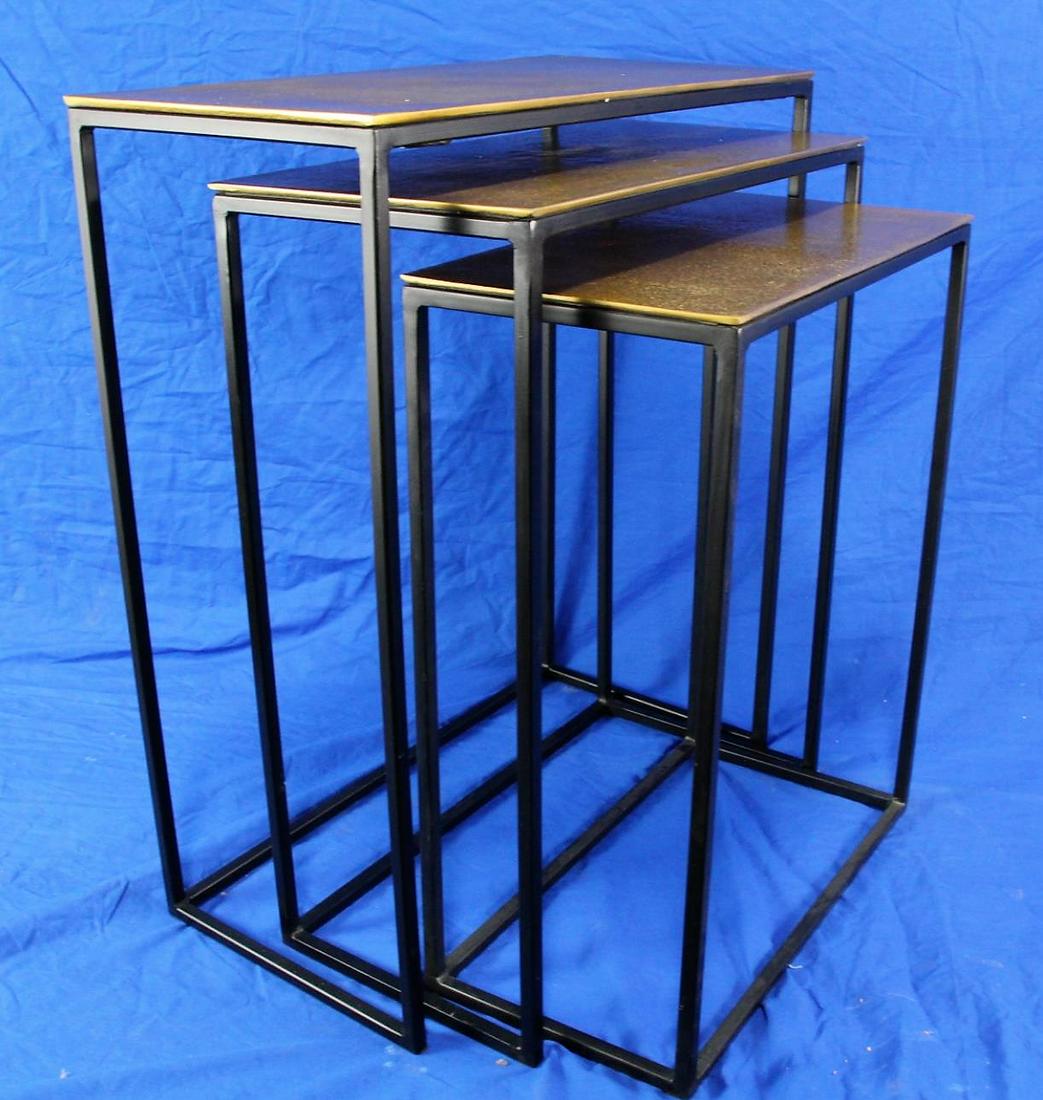 SET OF CONTEMPORARY GOLD TOP NEST OF TABLES: SET OF THREE CONTEMPORARY GOLD TOP NEST OF TABLES. Height: 26 in. by Width: 21 in. by Depth: 11 in.