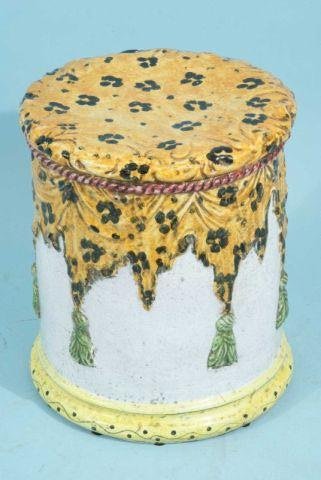 MAJOLICA GARDEN STOOL: MAJOLICA GARDEN STOOL. Height: 17 in. by Width: 15 in. by Depth: 15 in.