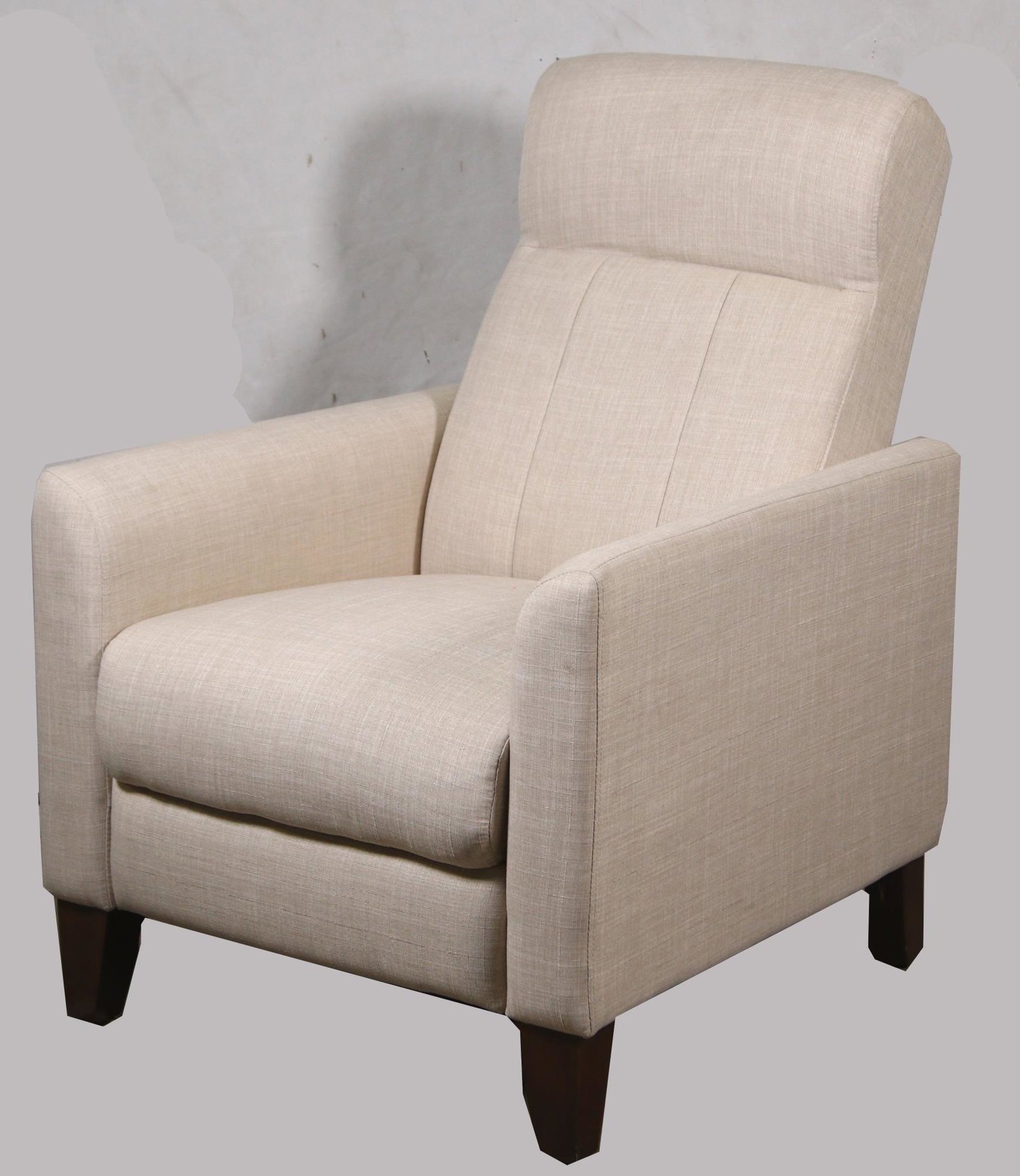 CONTEMPORARY BEIGE FABRIC RECLINER: CONTEMPORARY BEIGE FABRIC RECLINER. (ZC003) Height: 40 in. by Width: 28 in. by Depth: 35 in.