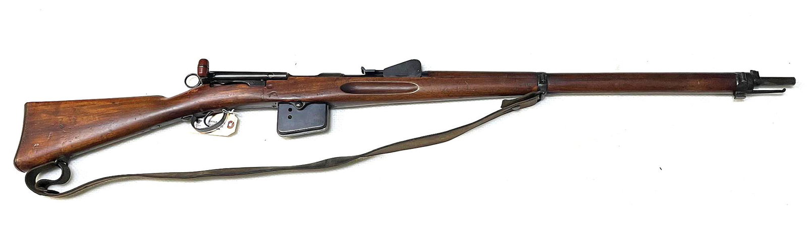 ANTIQUE SCHMIDT RUBIN 7.5CAL BOLT ACTION RIFLE: ANTIQUE EARLY LONG PATTERN SCHMIDT RUBIN 7.5CAL STRAIGHT PULL BOLT-ACTION RIFLE - SWISS ACCEPTANCE MARKS & PROOFS; SERIAL# 11390; 85-90% TONING ORIGINAL BLUE & CRISP METAL SURFACES; MATCHING MAGAZINE 