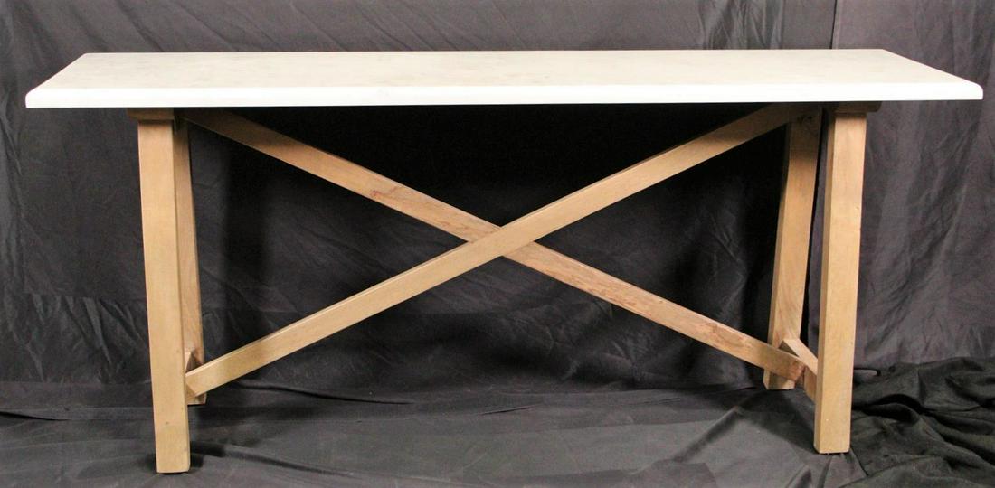 CONTEMPORARY TRESTLE BASE MARBLE TOP CONSOLE TABLE: CONTEMPORARY TRESTLE BASE MARBLE TOP CONSOLE TABLE. Height: 30 in. by Width: 69 in. by Depth: 19 in.