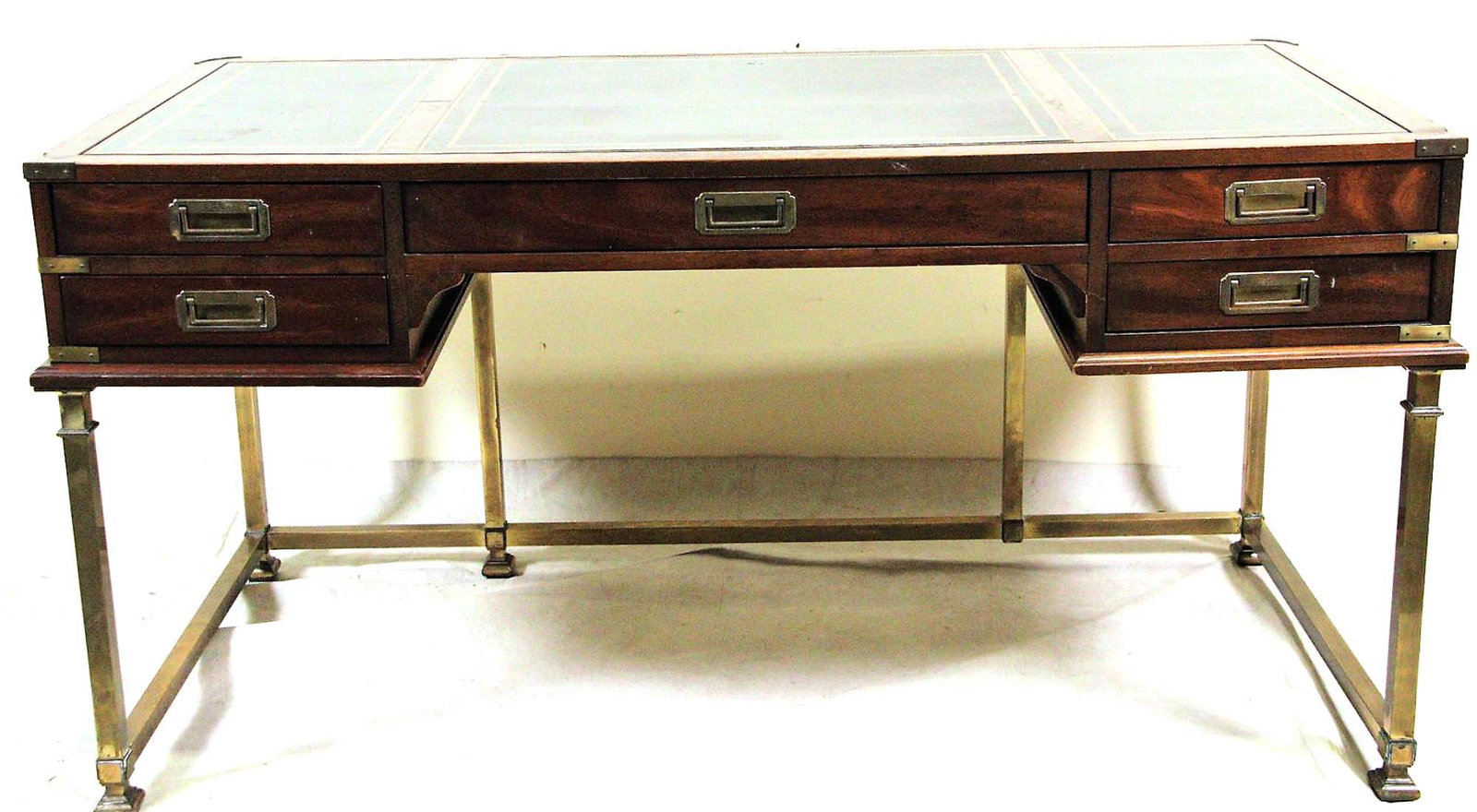 CAMPAIGN STYLE LEATHER TOP DESK BY SLIGH: CAMPAIGN STYLE LEATHER TOP DESK BY SLIGH. Height: 29 in. by Width: 58 in. by Depth: 28 in.