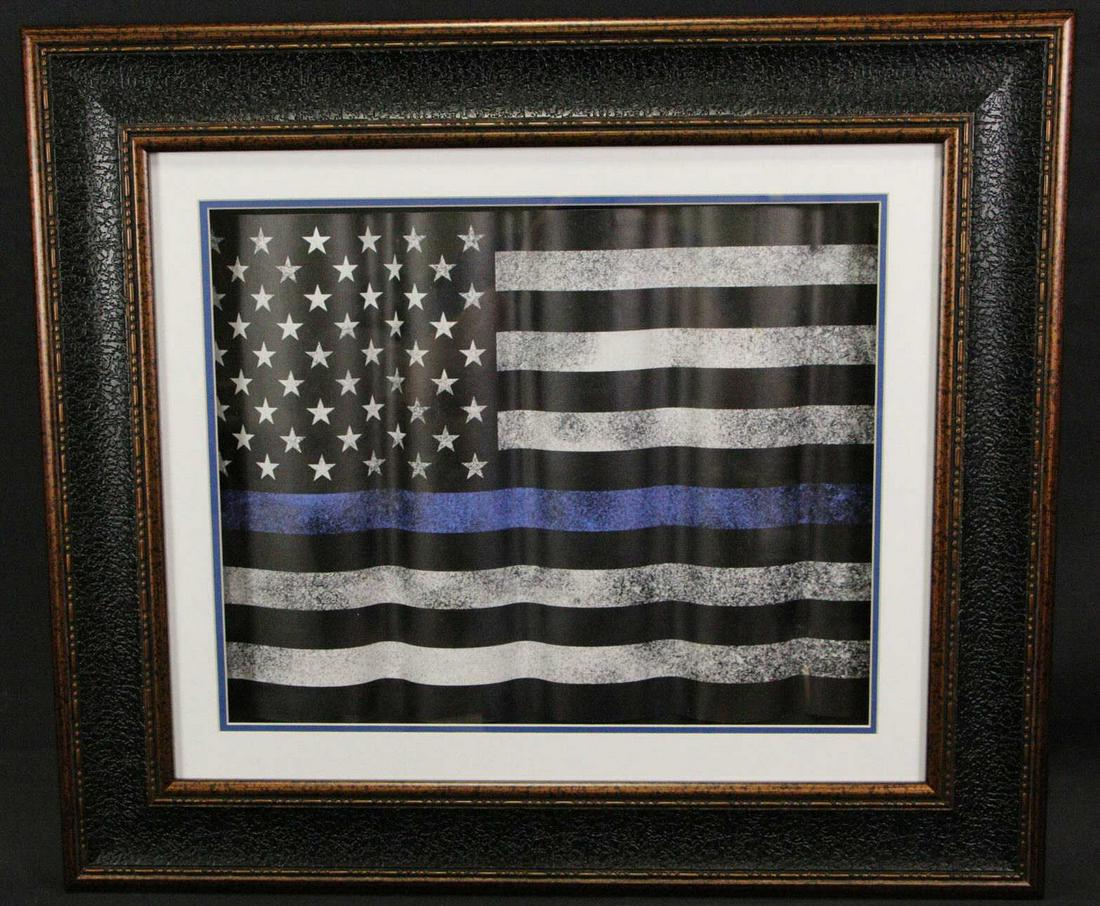 FRAMED THIN BLUE LINE FLAG: FRAMED THIN BLUE LINE FLAG. Height: 27 in. by Width: 31 in.