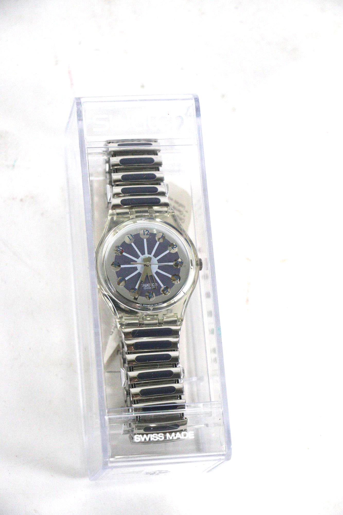 1992 SWATCH GK149 BLUE SEGMENT QUARTZ WATCH: COLLECTIBLE 1992 COLLECTION SWATCH GK149 BLUE SEGMENT QUARTZ SWISS WATCH – FULL KIT IN PLASTIC