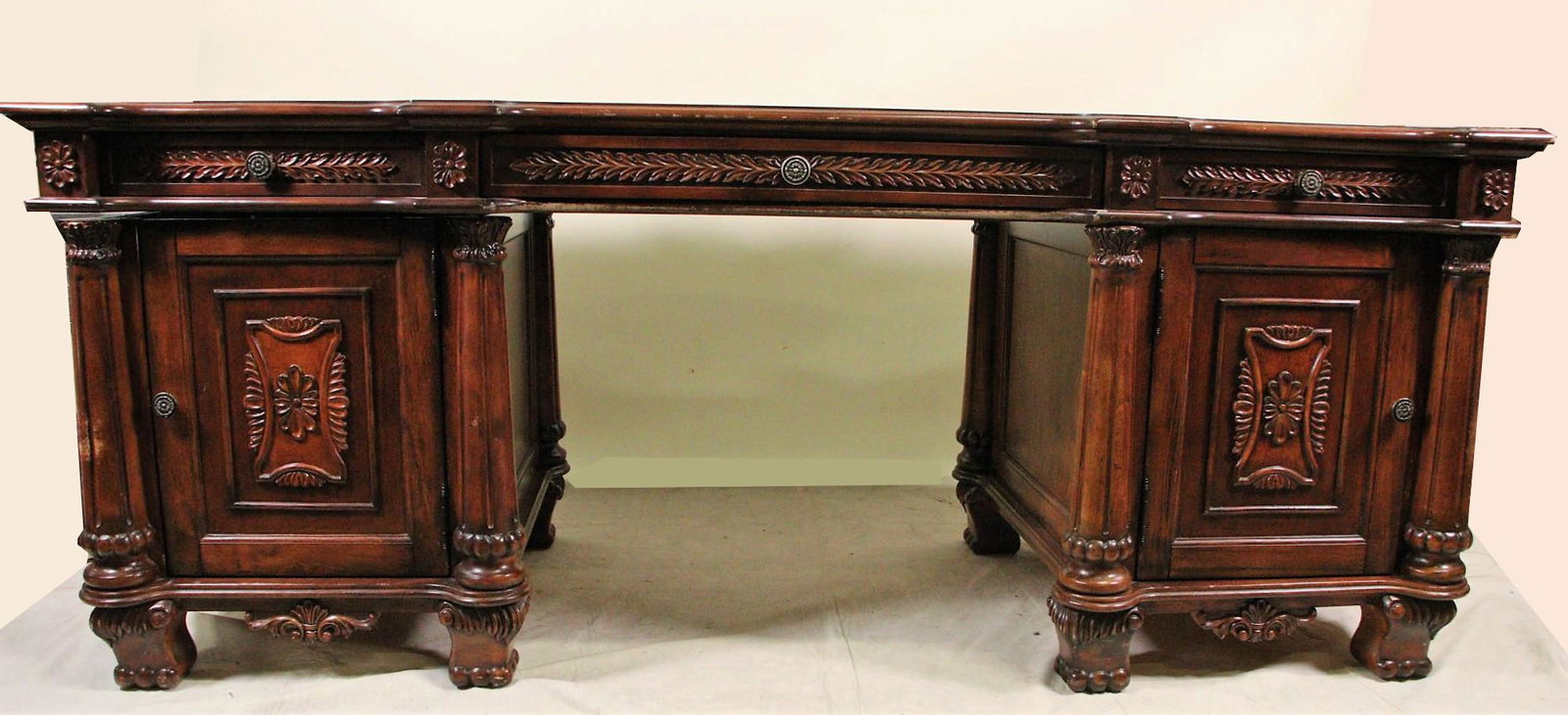 PARTNERS DESK WITH FAUX ALLIGATOR TOP: PARTNERS DESK WITH FAUX ALLIGATOR TOP. THREE DRAWERS & TWO CABINETS ON MAIN SIDE, ONE CABINET OF OTHER SIDE. Height: 32 in. by Width: 79 in. by Depth: 31 in.
